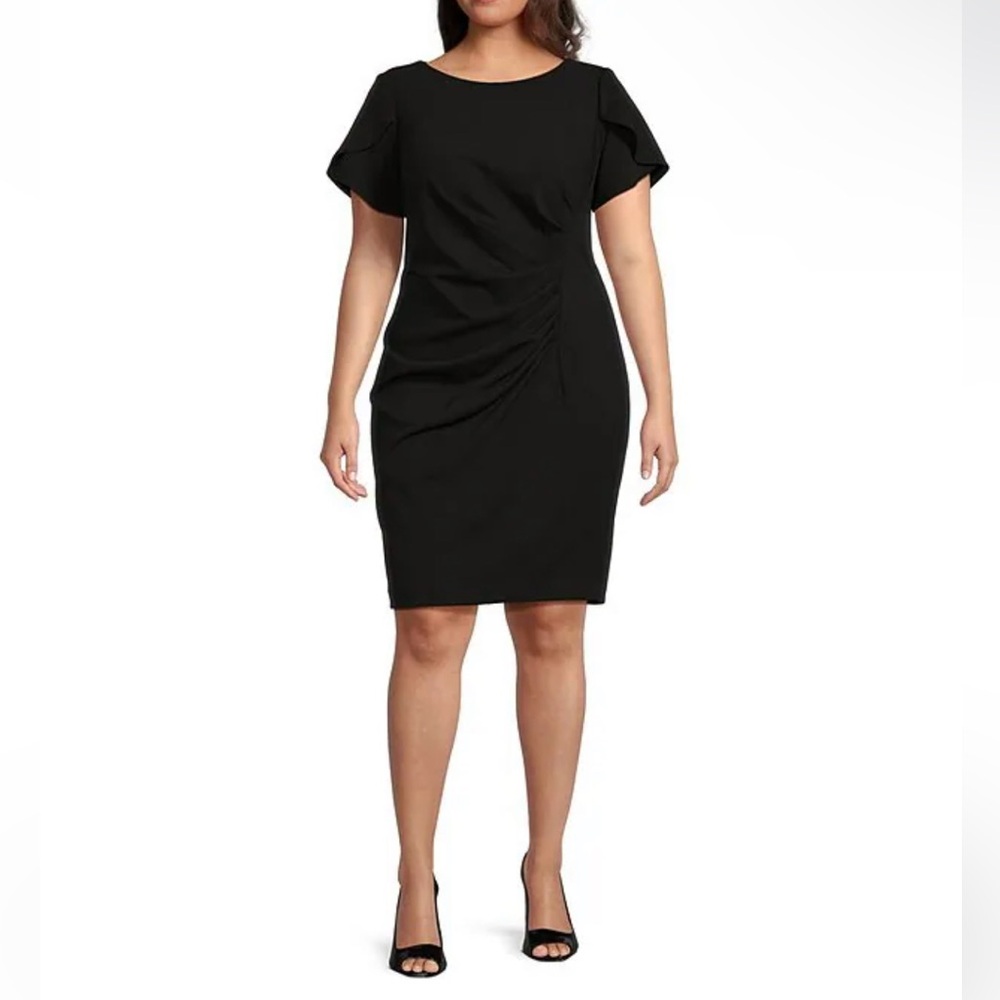 DKNY Plus Size Short Tulip Sleeve Boat Neck Ruched Waisted Sheath Dress
